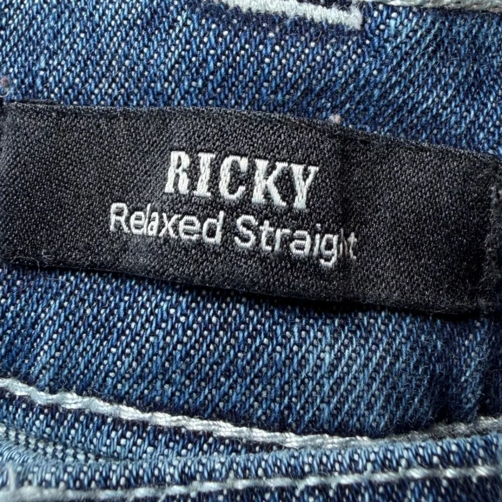 True Religion Mens Size 32 Ricky Relaxed Straight Jeans Distressed Flap Pockets